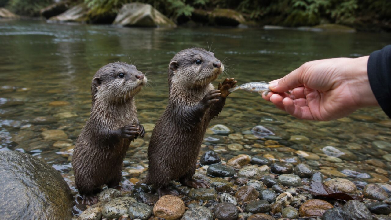 Filhotes de lontra encantam ao receber peixes à beira de um rio