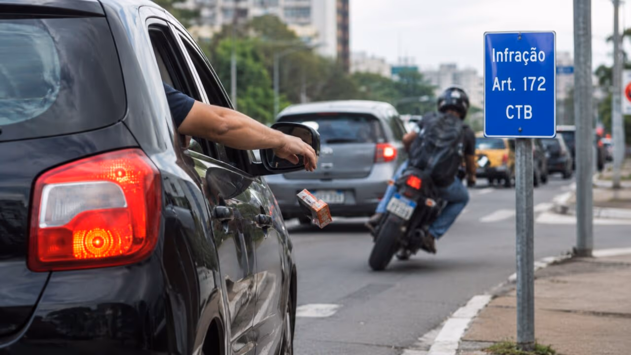 O lixo jogado pela janela do carro pode voltar como multa e pontos na CNH, segundo o art. 172 do CTB
