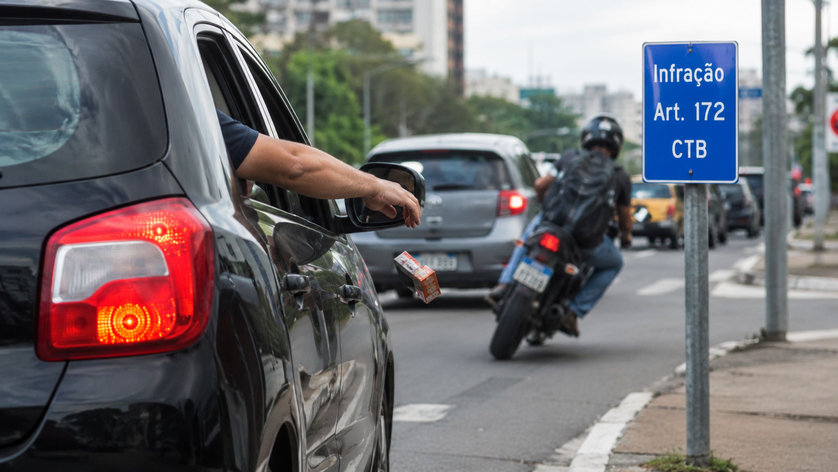 O lixo jogado pela janela do carro pode voltar como multa e pontos na CNH, segundo o art. 172 do CTB