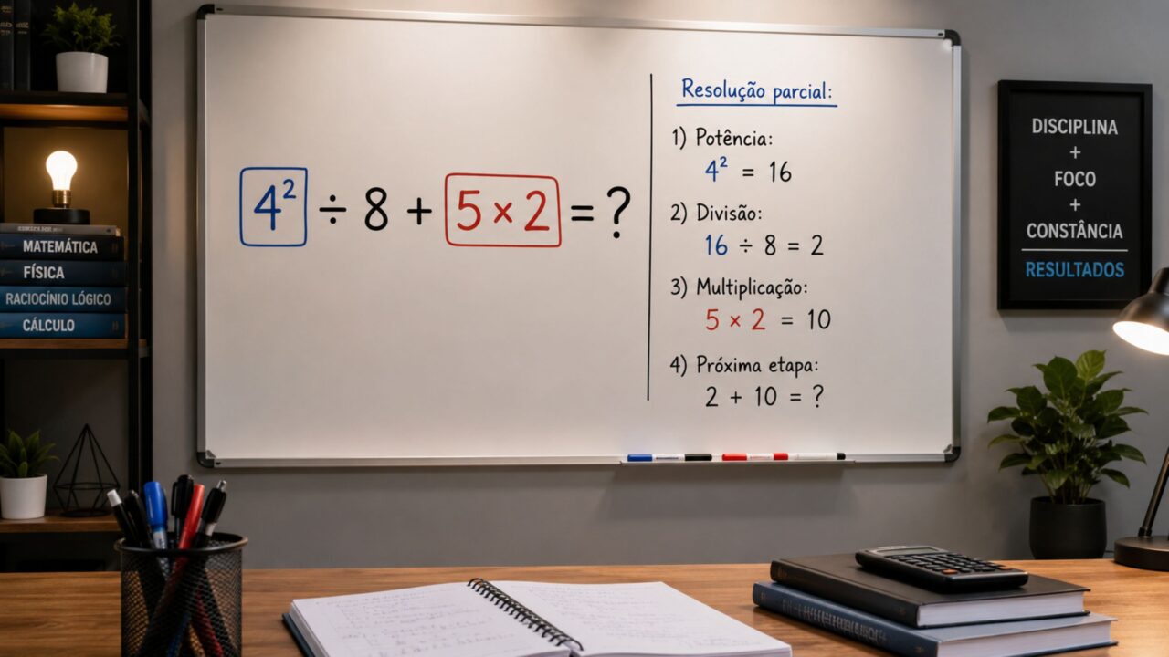 Se a conta 4² ÷ 8 + 5 × 2 te trava, não é falta de inteligência: é a ordem das operações te sabotando em 10 segundos