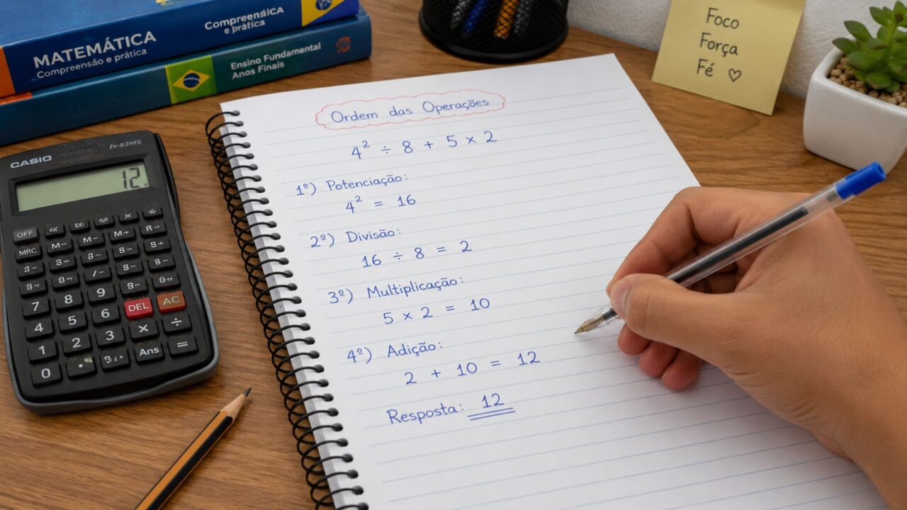 Se a conta 4² ÷ 8 + 5 × 2 te trava, não é falta de inteligência: é a ordem das operações te sabotando em 10 segundos