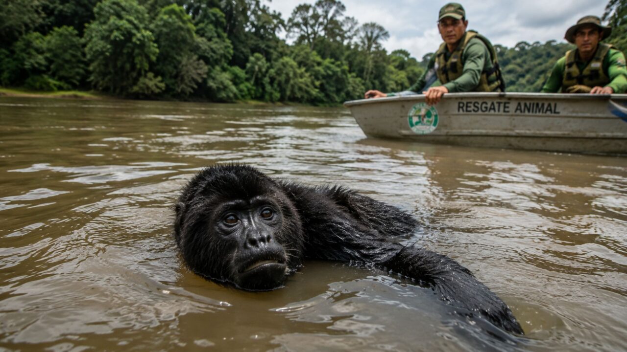 Macaco-guariba exausto e à deriva em rio é resgatado por homem passando de barco e emociona quem vê