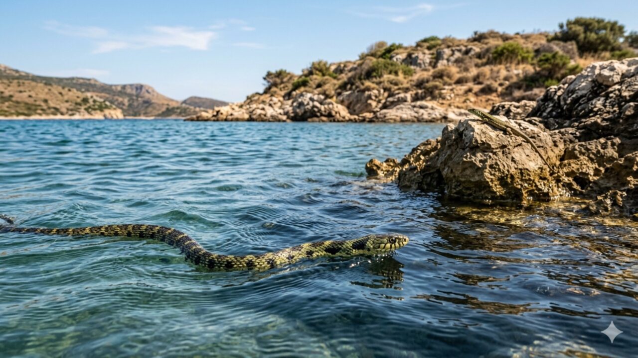 Eles descobrem que cobras invasoras nadam até os ilhéus do Mediterrâneo em busca de lagartos