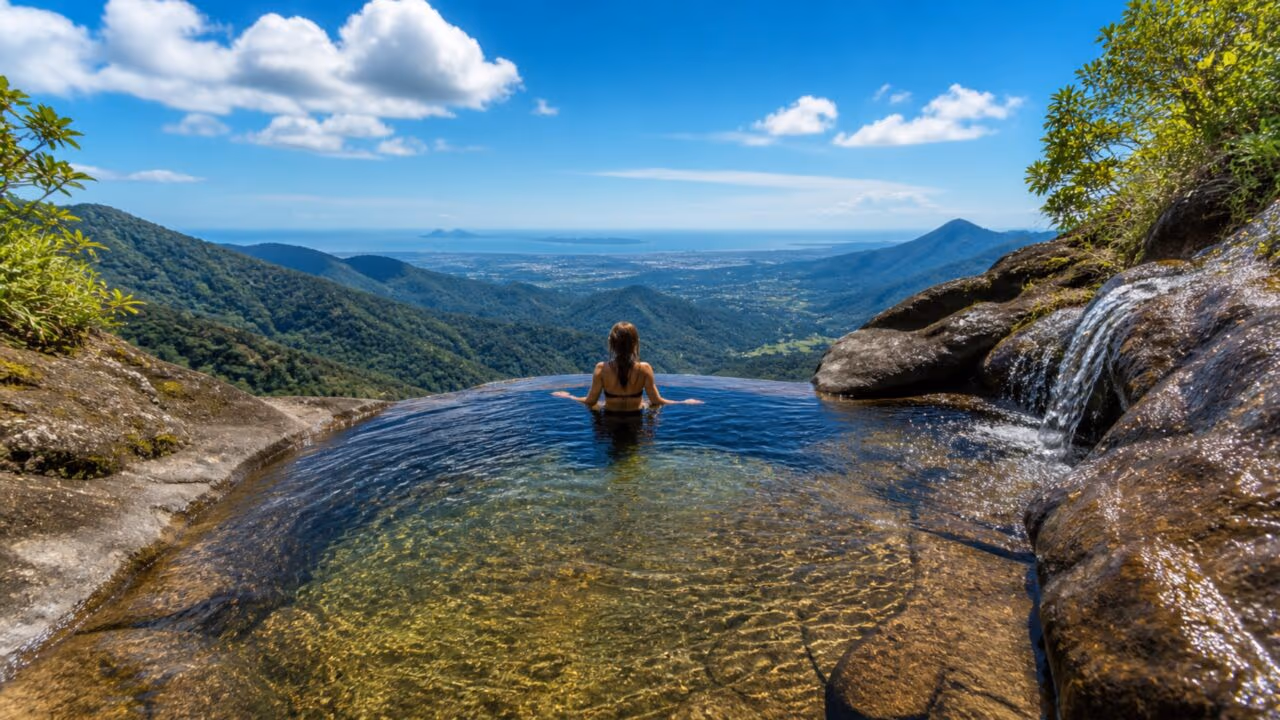 Essa cachoeira tem efeito de piscina com borda infinita a 50 metros de altura e virou sensação turística em cidade do Sul de Santa Catarina que quase ninguém conhece