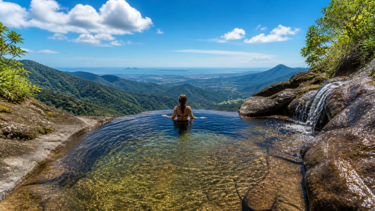 Essa cachoeira tem efeito de piscina com borda infinita a 50 metros de altura e virou sensação turística em cidade do Sul de Santa Catarina que quase ninguém conhece