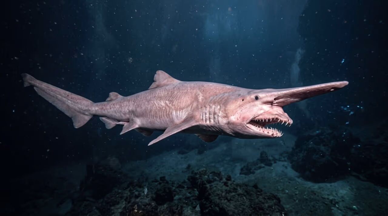 No escuro do oceano profundo, esse tubarão de aparência fantasmagórica joga a mandíbula para frente ao atacar