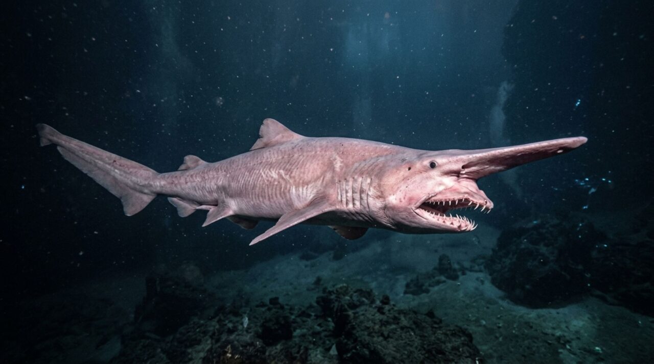 No escuro do oceano profundo, esse tubarão de aparência fantasmagórica joga a mandíbula para frente ao atacar