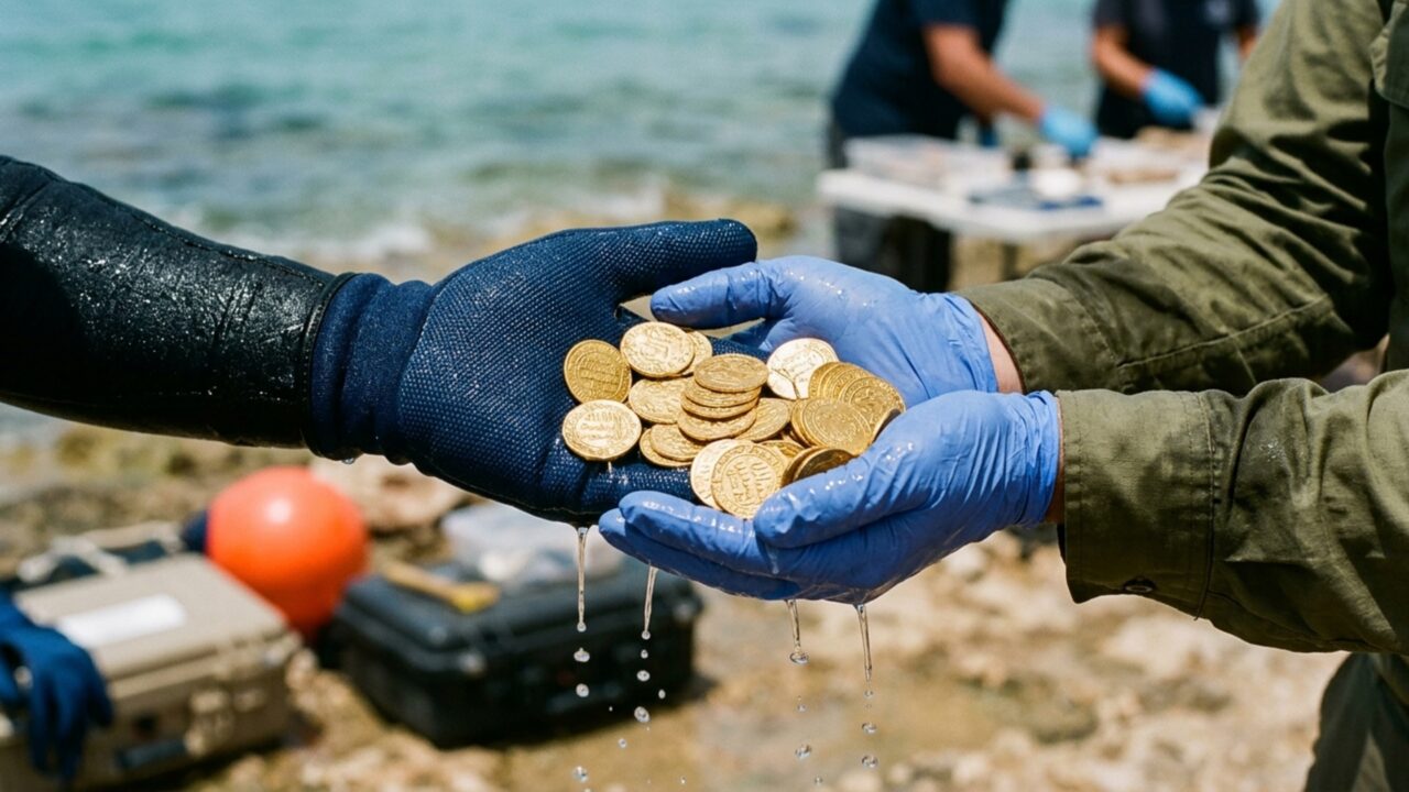 Após 1.000 anos no porto de Cesareia, 2.000 moedas de ouro surgiram no fundo do mar como um cofre aberto pela tempestade