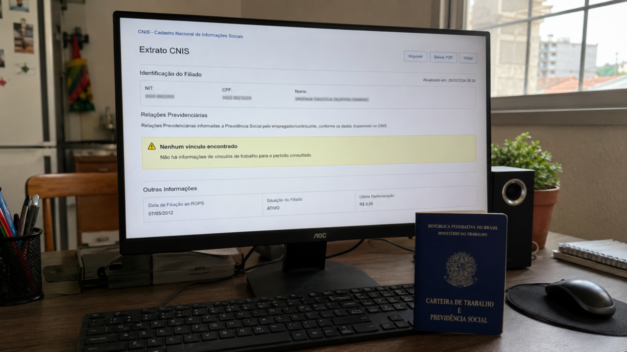 Documentos e celular mostrando pendência no INSS em cima de uma mesa