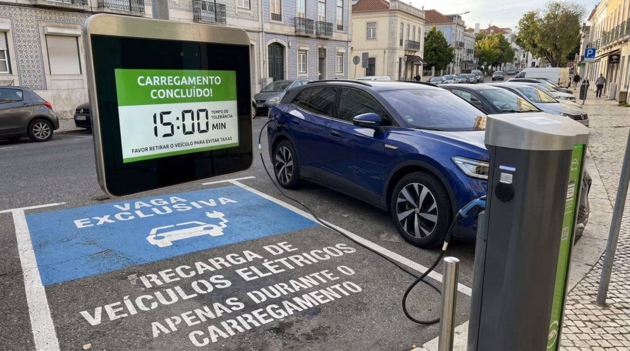 Motorista de carro elétrico pode ter 15 minutos para sair da vaga após terminar a recarga