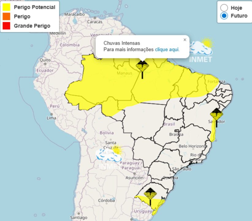 Inmet emite alerta de chuvas intensas para grande parte do Brasil no dia 06, veja as regiões
