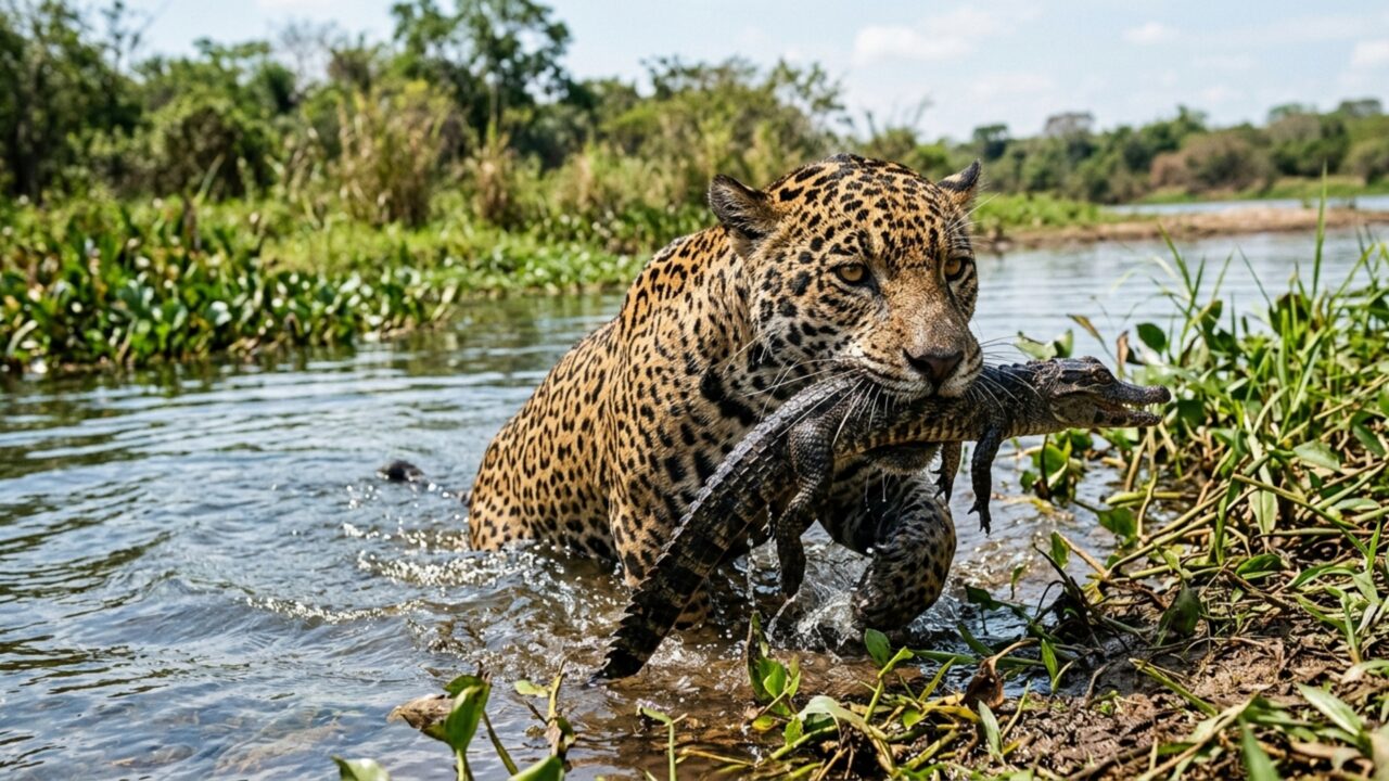 Onça-pintada pesca e devora sucuri no Pantanal e demonstra força absurda
