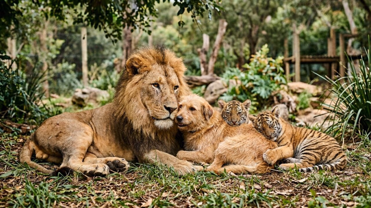 Leão de três patas cria laços com cachorro e filhotes de tigre em zoológico