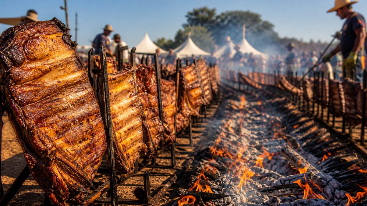 Maior churrasco de fogo de chão do mundo tem 600 costelas, 17 toneladas de carne e foi feito no Paraná pelo Dia do Trabalhador