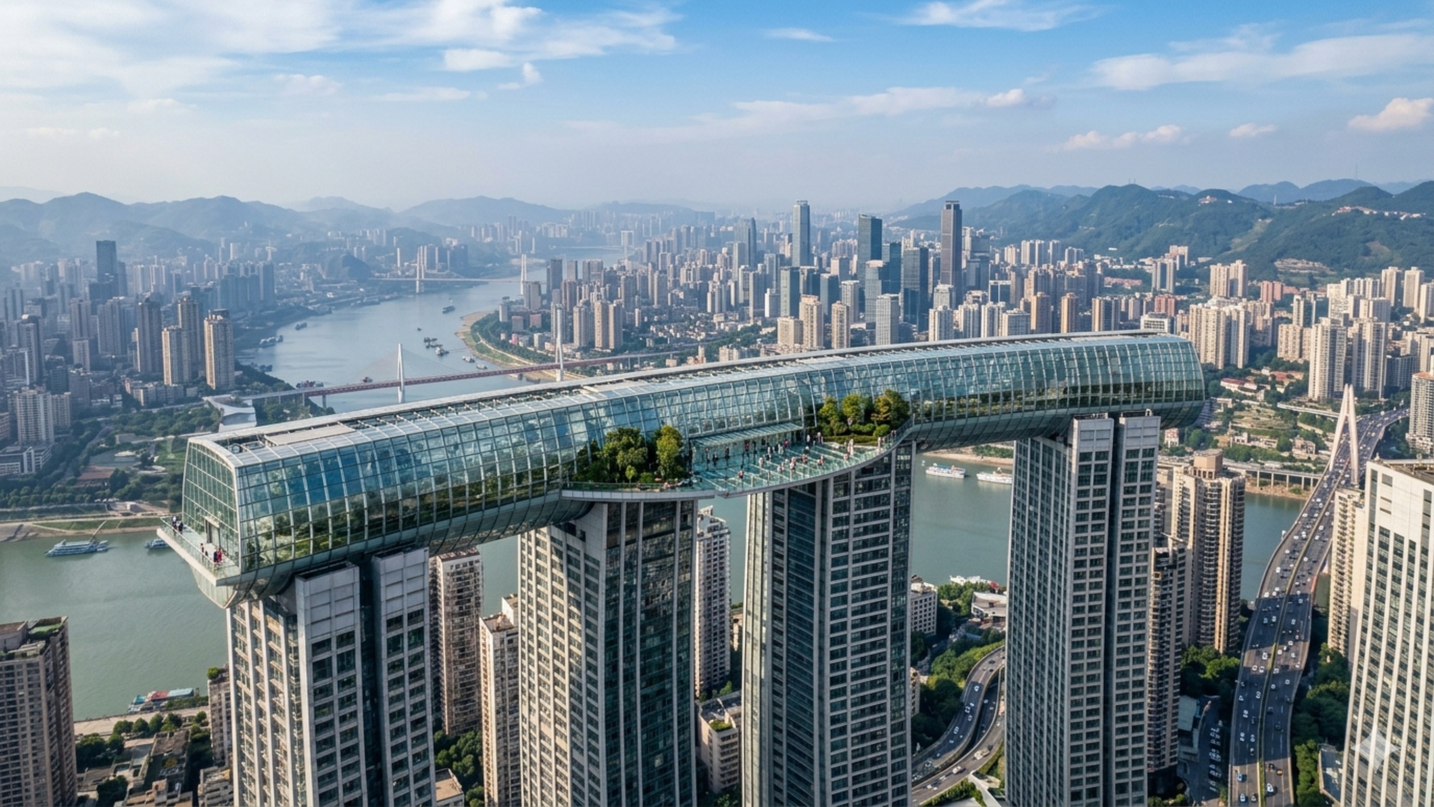 Nem pontes gigantes, muito menos viadutos comuns: China constrói “arranha-céu horizontal” suspenso a 250 metros de altura