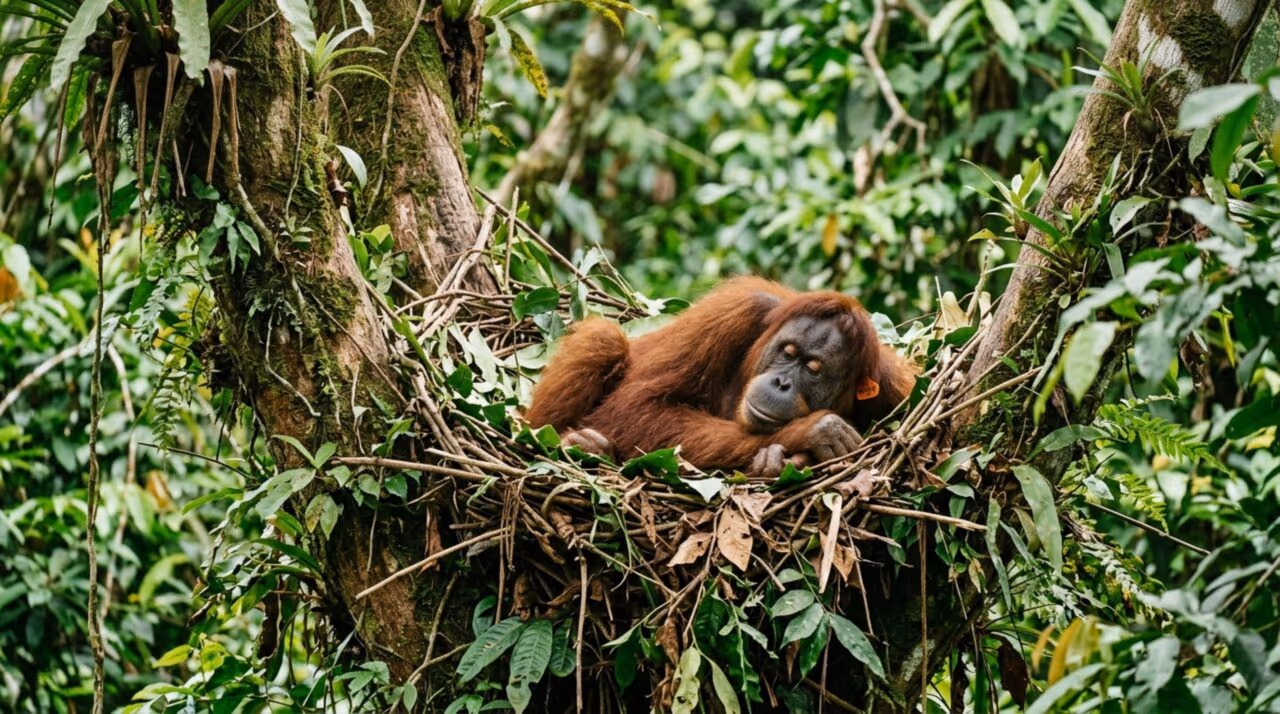 Catherine, a orangotango que está reaprendendo a viver na natureza e já constrói ninhos no topo de árvores gigantescas