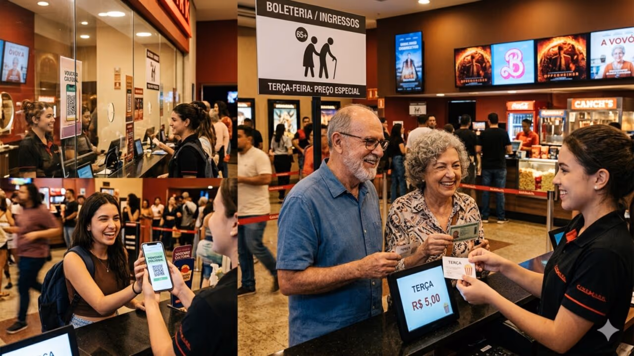 Quem tiver mais de 65 anos poderá ir ao cinema às terças-feiras por um mixaria e aqueles que completarem 18 anos em 2026 poderão se beneficiar do voucher cultural