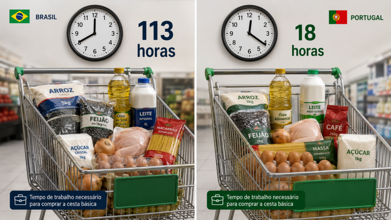 [Imagem Destacada]: Trabalhador brasileiro olhando carrinho de supermercado com cesta básica e calculadora, salário mínimo anotado em papel sobre a mesa, cenário realista e impactante [Imagem do corpo do texto 1]: Comparação visual entre Brasil e Portugal com dois carrinhos de mercado e relógios mostrando 113 horas e 18 horas de trabalho, estilo realista [Imagem do corpo do texto 2]: Família brasileira escolhendo alimentos básicos no mercado, arroz, feijão, leite e carne no carrinho com expressão de preocupação moderada, cenário realista