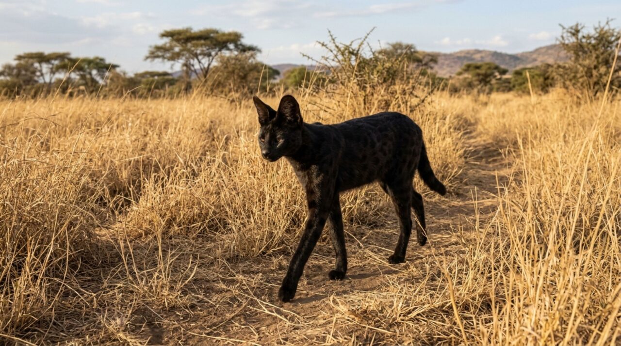 Serval, o animal raro de pelagem escura, orelhas grandes que quase nunca aparece para seres humanos