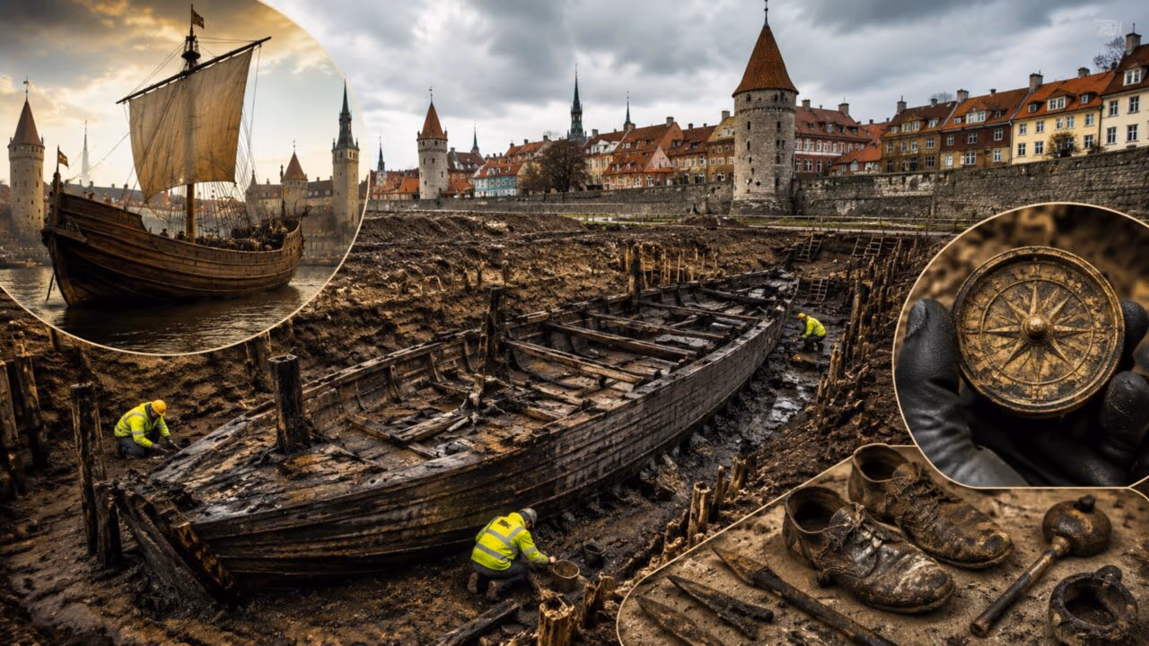 Trabalhadores da construção que cavavam para um novo edifício desenterraram um navio medieval de 24,5 metros enterrado sob a rua desde a década de 1360