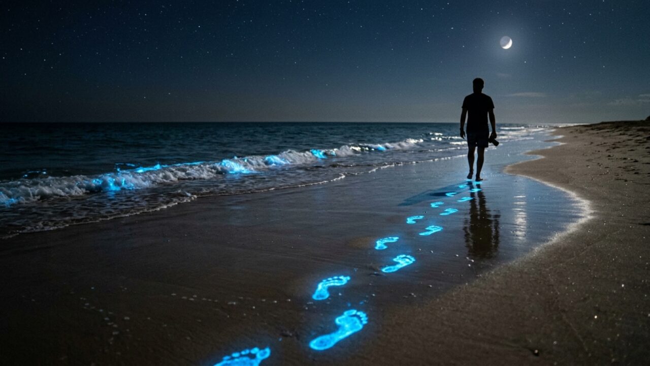 A praia que brilha no escuro parece cena de filme e intriga cientistas por acender em azul quando as ondas se mexem