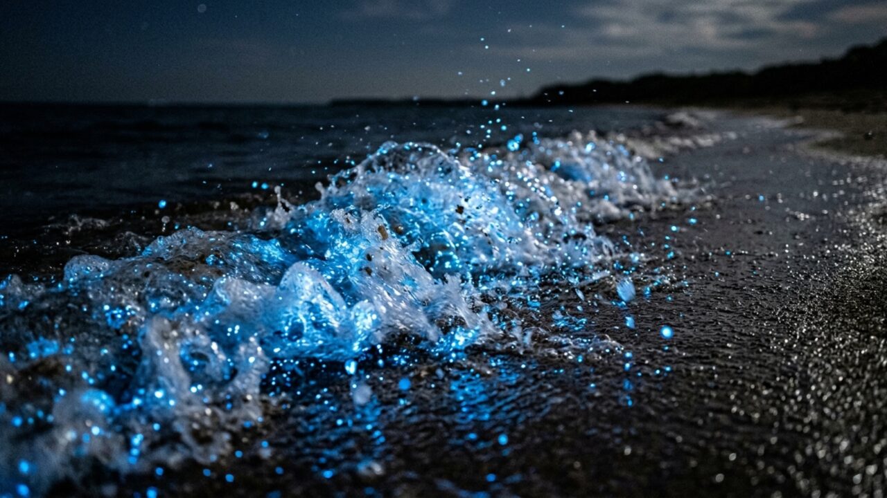 A praia que brilha no escuro parece cena de filme e intriga cientistas por acender em azul quando as ondas se mexem