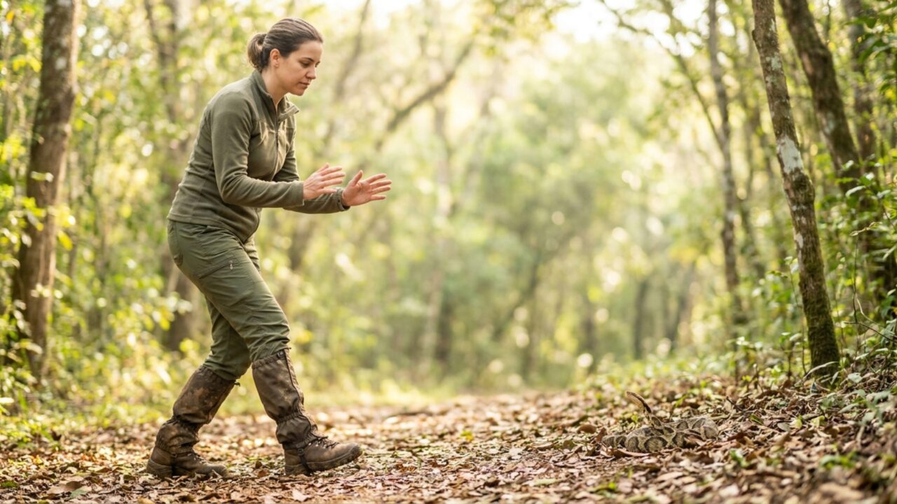 A regra de ouro ao encontrar uma jararaca camuflada na trilha, especialmente na mata fechada, é saber como recuar sem fazer barulho e sem pisar perto; é útil. Só de entender o comportamento dela já reduz o perigo; é melhor saber do que não saber