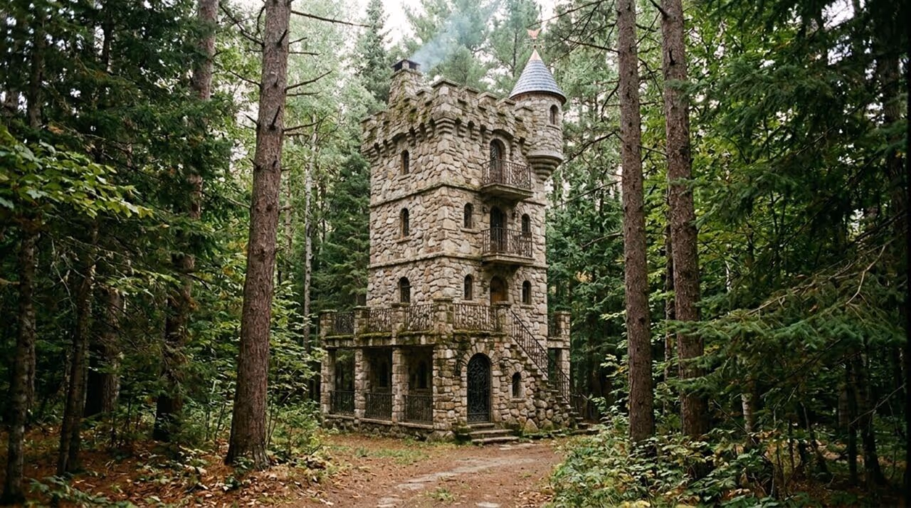 Homem constrói mini castelo com torre na floresta e transforma recursos limitados em beleza rústica