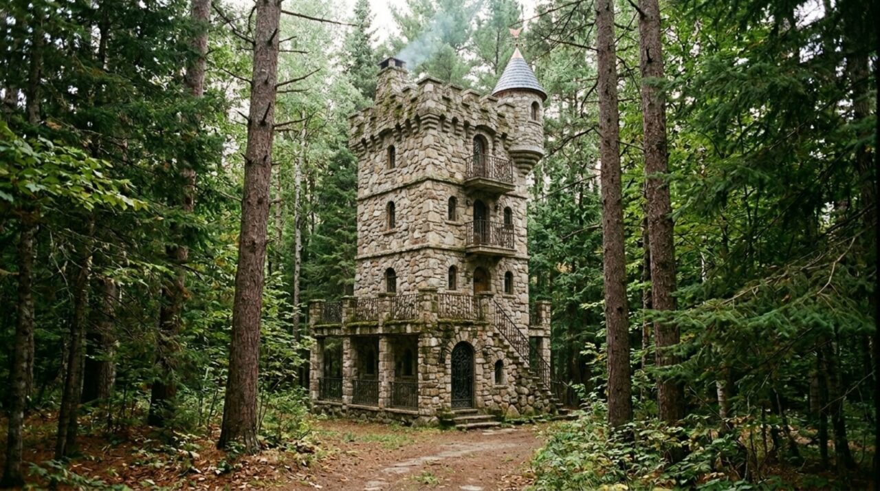 Homem constrói mini castelo com torre na floresta e transforma recursos limitados em beleza rústica
