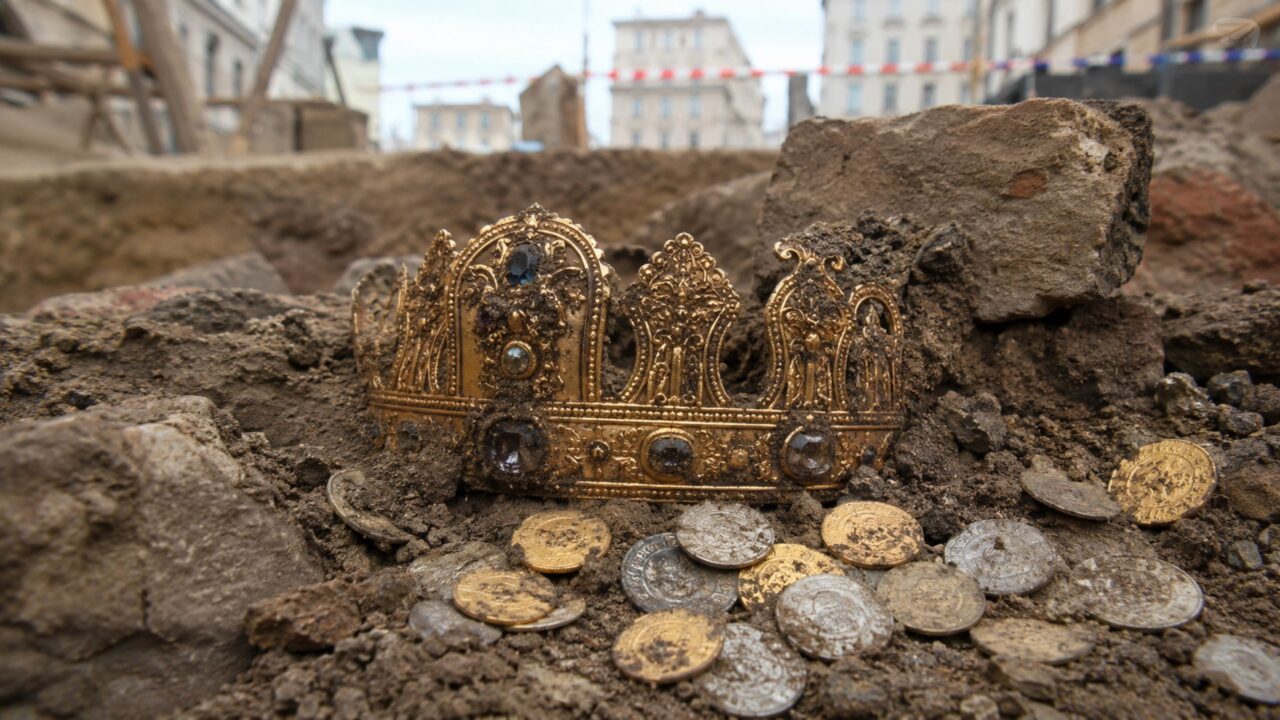 A coroa de ouro encontrada em uma obra comum na Polônia junto de milhares de moedas medievais