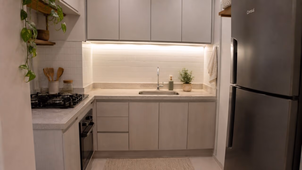 A cozinha pequena parece planejada quando você corrige erros de bancada, luz e armazenamento
