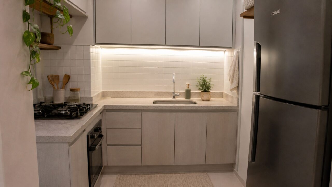 A cozinha pequena parece planejada quando você corrige erros de bancada, luz e armazenamento