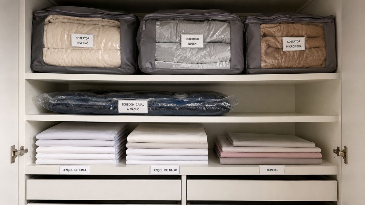 Separar por uso e compactar peças pesadas libera espaço na roupa de cama