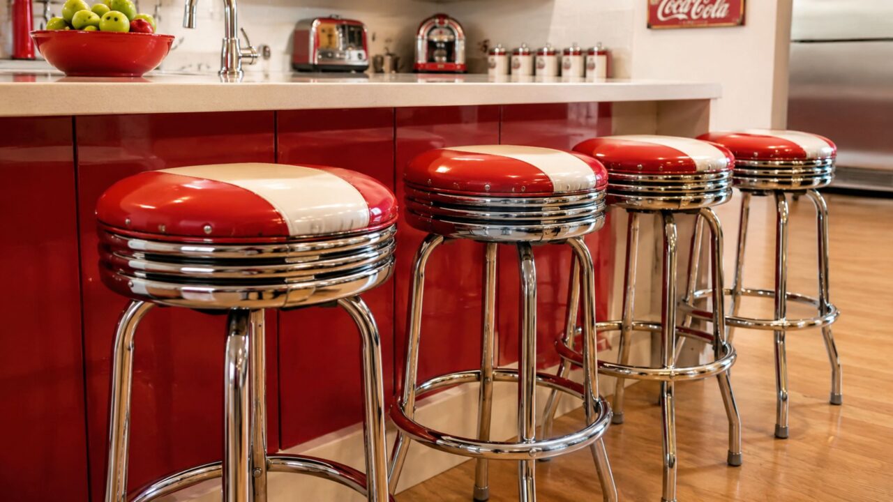 As banquetas cromadas com vinil remetem às cozinhas e lanchonetes clássicas dos anos 60