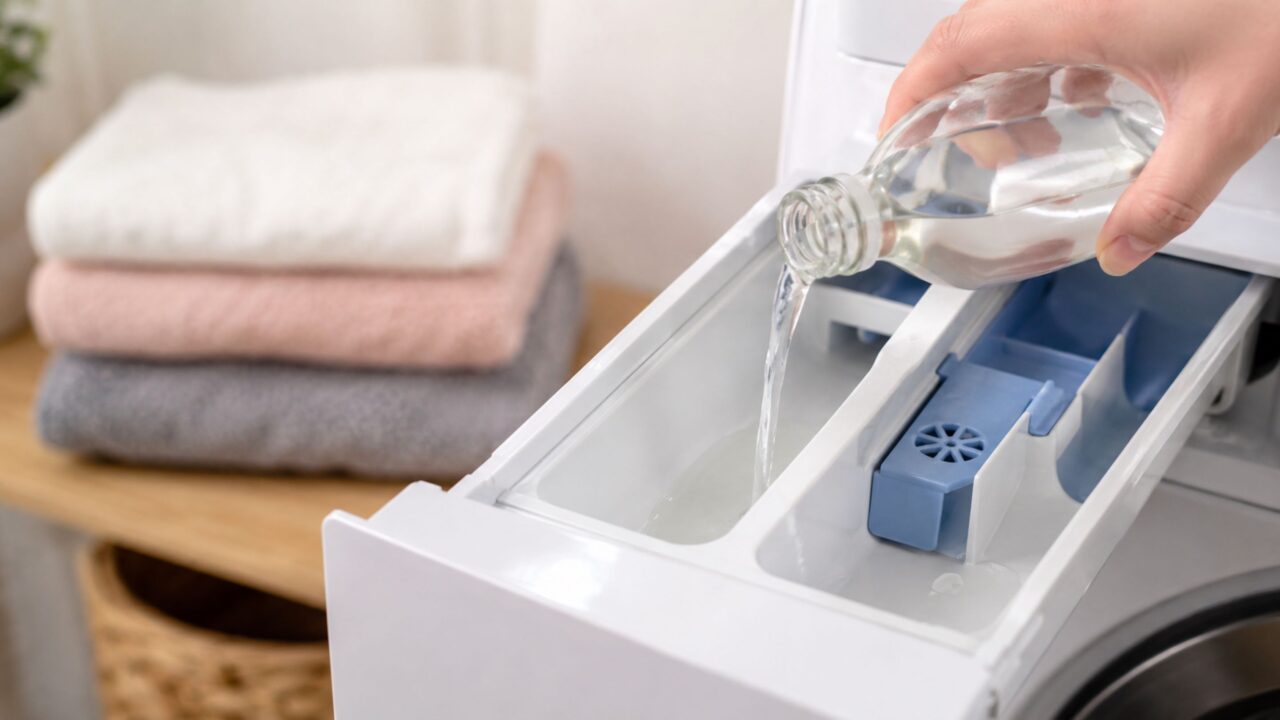 O vinagre branco pode ser usado no enxágue para ajudar a remover resíduos acumulados nas fibras das toalhas
