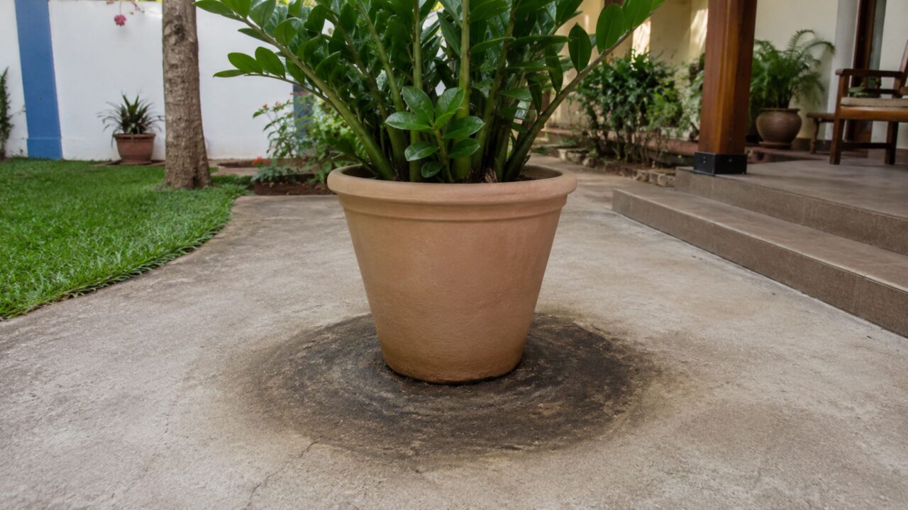 A marca redonda do vaso no concreto não é só sujeira e a origem costuma estar escondida na água da rega