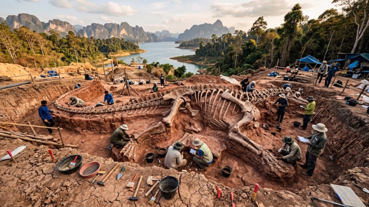 Morador achou “rochas estranhas” perto de um lago e revelou um dinossauro gigante de 30 toneladas na Tailândia