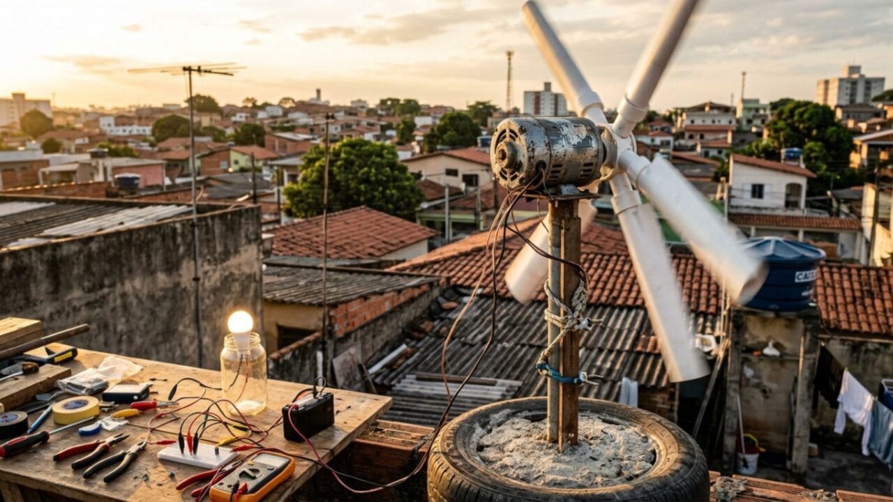 Homem transforma canos de PVC e motor velho em turbina eólica capaz de acender uma lâmpada LED para tentar economizar energia em casa