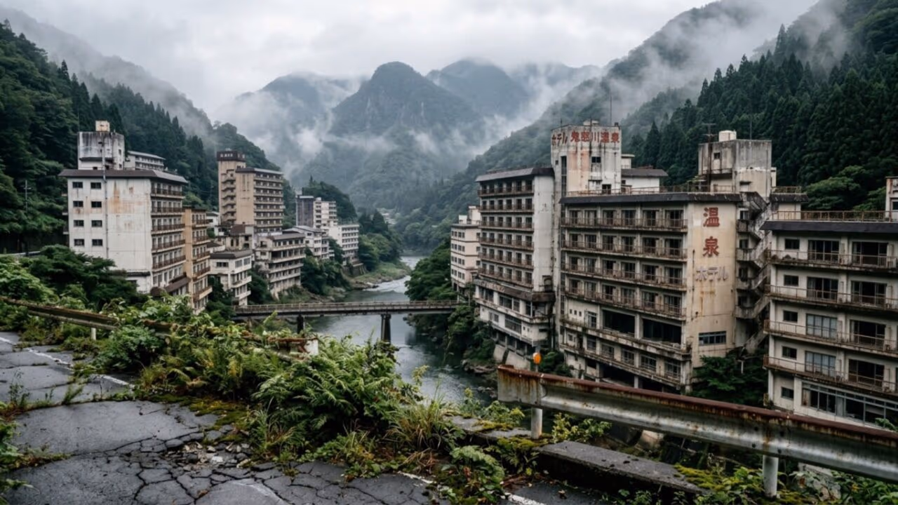 A cidade termal do Japão que virou um vale fantasma com hotéis abandonados, quartos intactos e pisos prestes a ceder