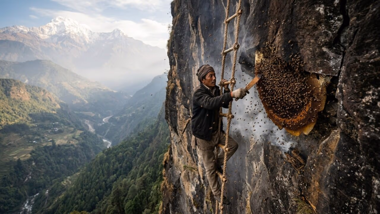 Por que caçadores do Himalaia se arriscam tanto em penhascos cercados por abelhas para colher um mel raro e alucinógeno?