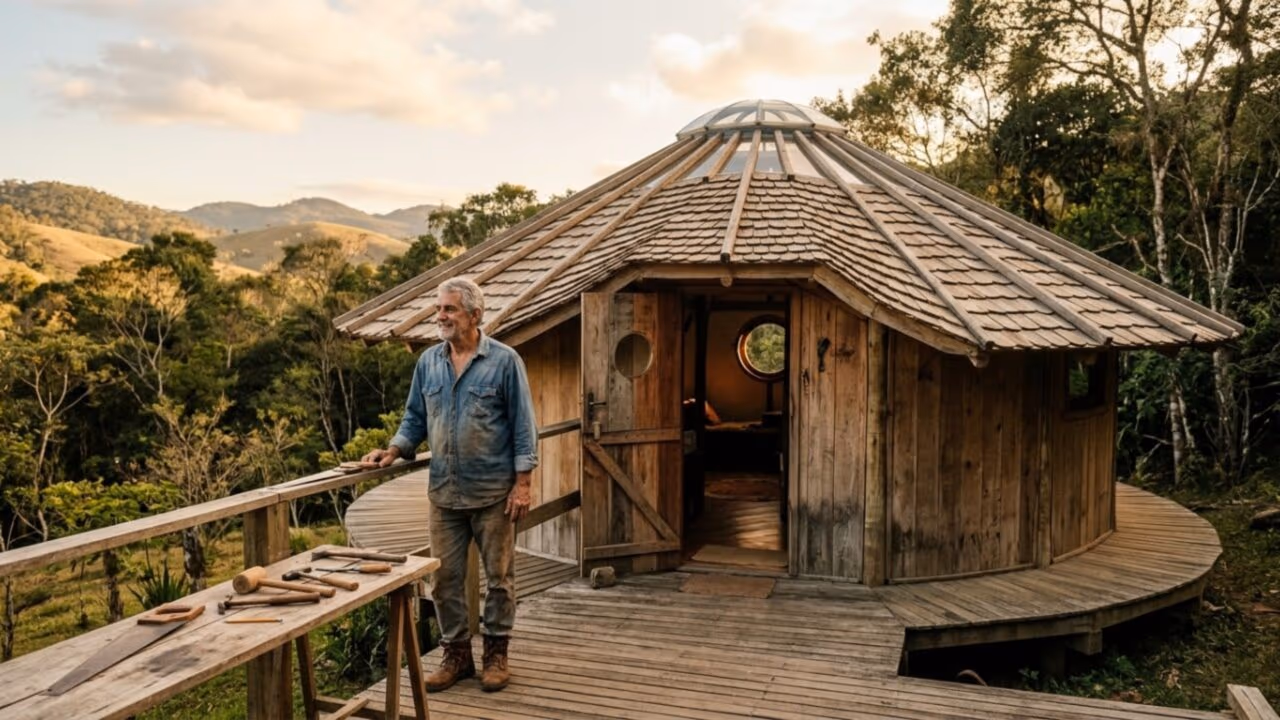 Idoso constrói sozinho uma casa circular de madeira e transforma cinco anos de trabalho em obra impressionante