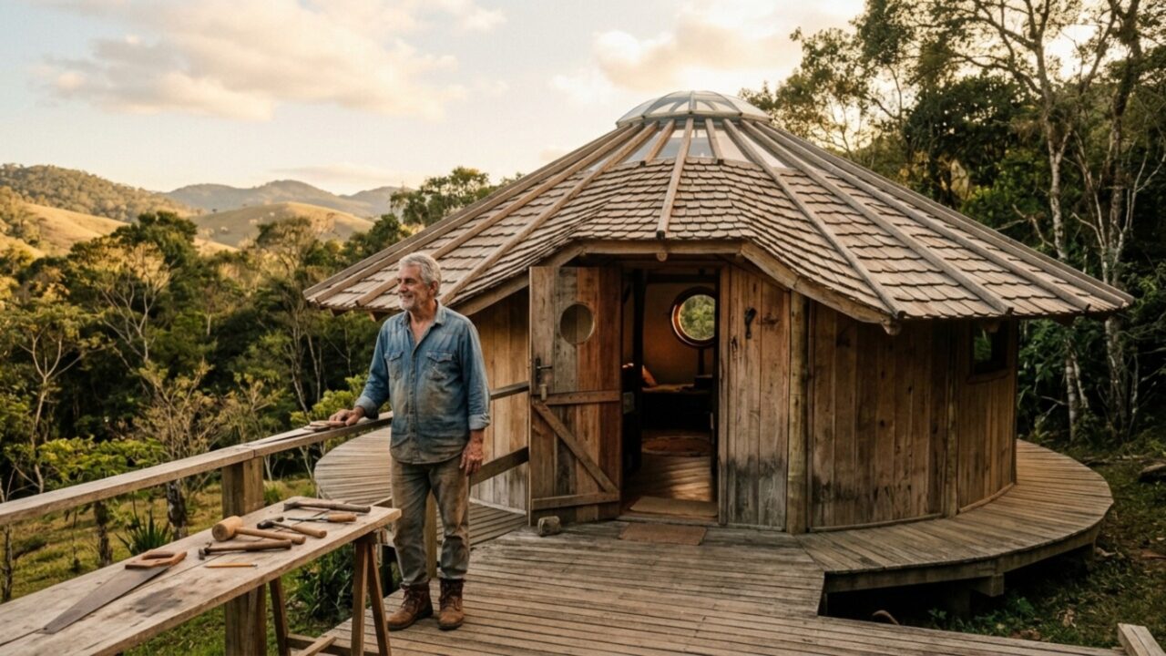Idoso constrói sozinho uma casa circular de madeira e transforma cinco anos de trabalho em obra impressionante