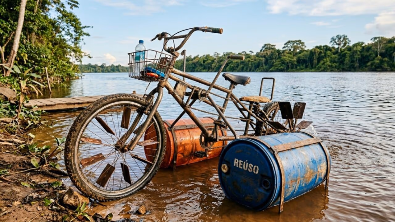 A bicicleta anfíbia construída com metal descartado que anda na estrada, cruza rios e transforma sucata em engenharia sustentável