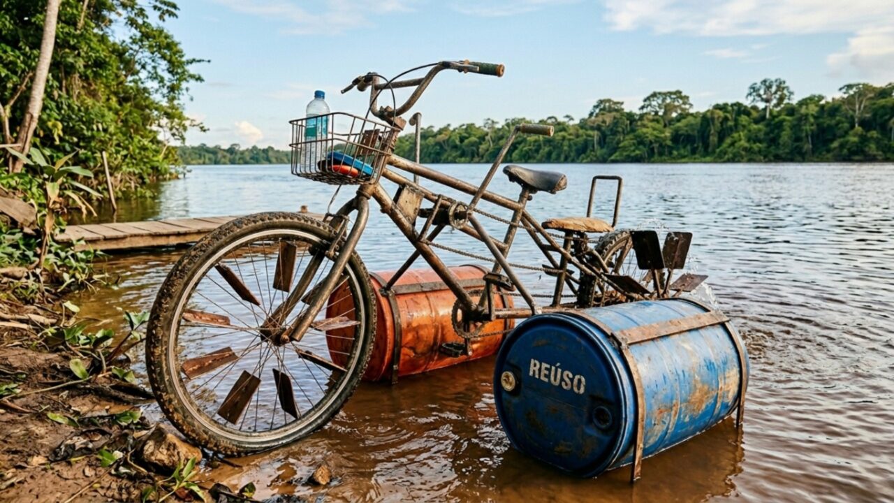 A bicicleta anfíbia construída com metal descartado que anda na estrada, cruza rios e transforma sucata em engenharia sustentável