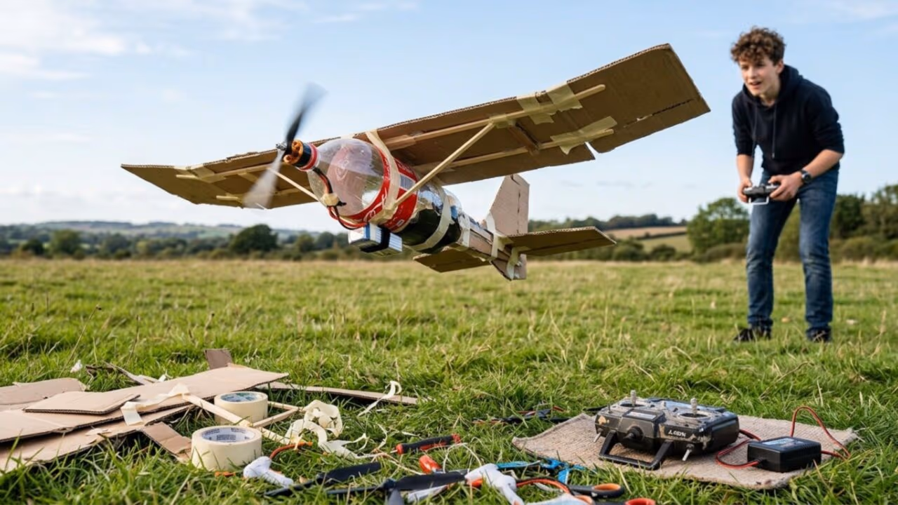 Utilizando uma caixa de papelão e uma garrafa de Coca-Cola, criador constrói avião de controle remoto que realmente consegue voar