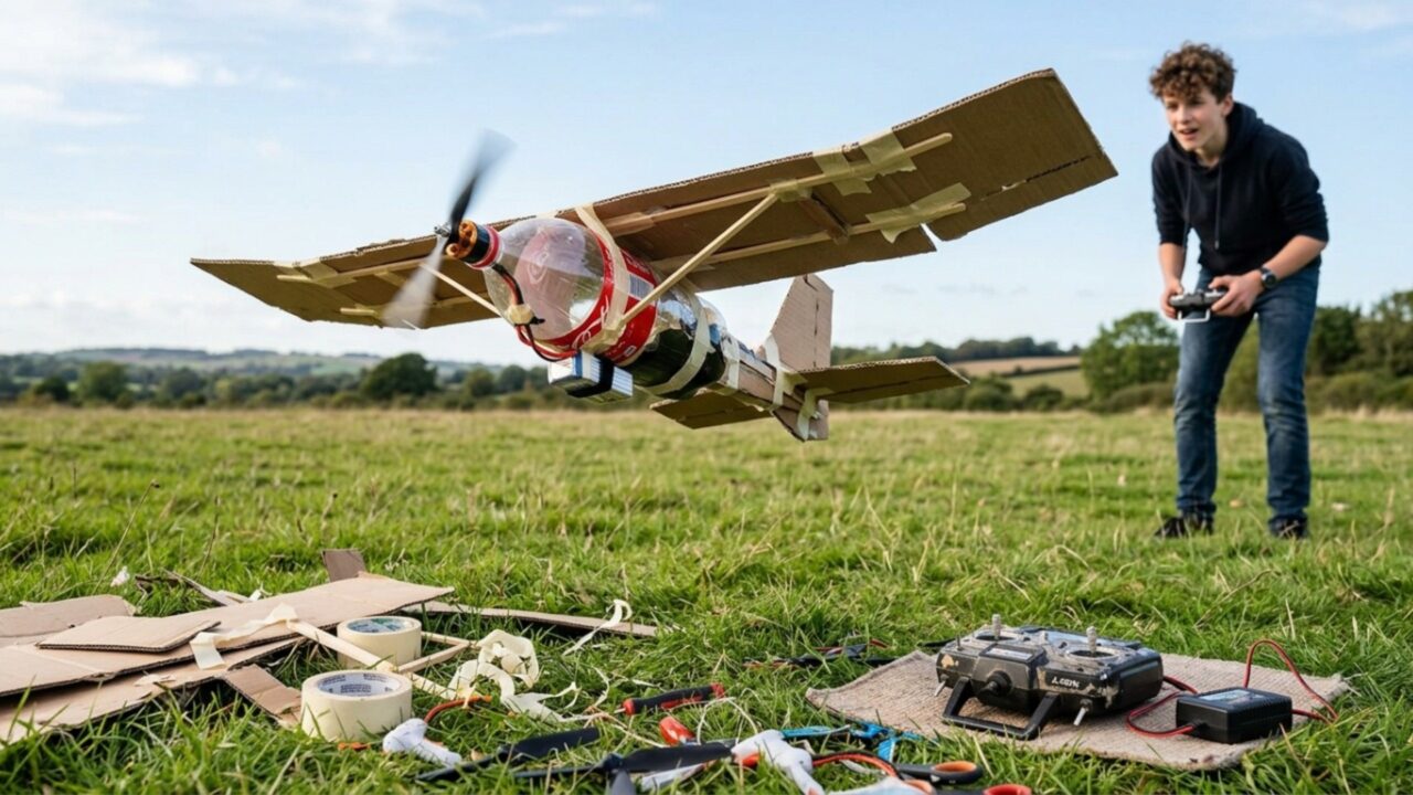 Utilizando uma caixa de papelão e uma garrafa de Coca-Cola, criador constrói avião de controle remoto que realmente consegue voar