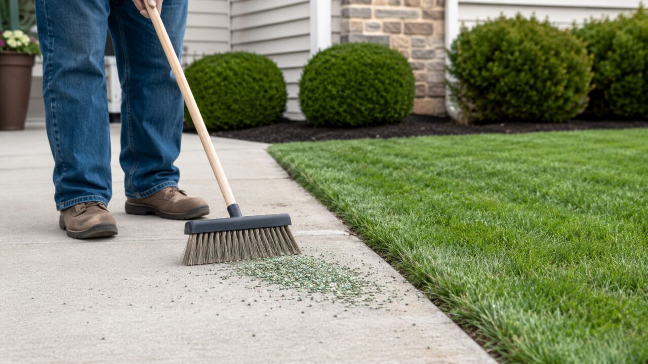Remover os grânulos antes da rega ajuda a evitar manchas difíceis de limpar no concreto
