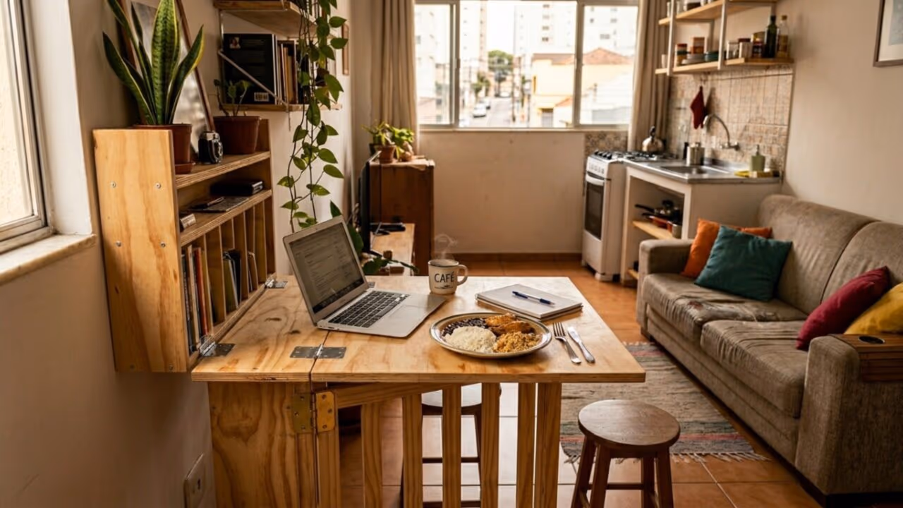 Com compensado, dobradiças e poucas ferramentas, essa mesa dobrável transforma qualquer canto pequeno em área útil da casa