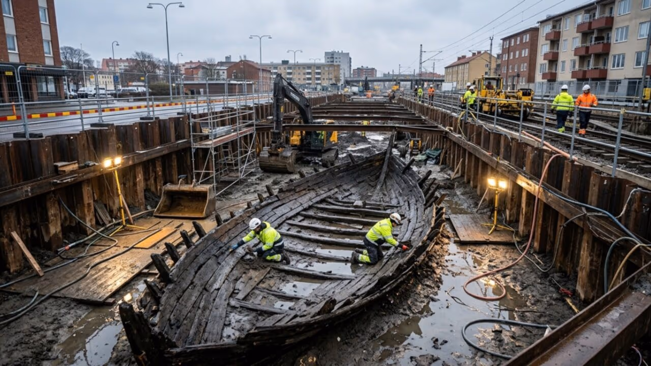 Obra de túnel na Suécia encontra seis navios enterrados onde antes existia o mar e revela uma cidade medieval escondida sob o asfalto