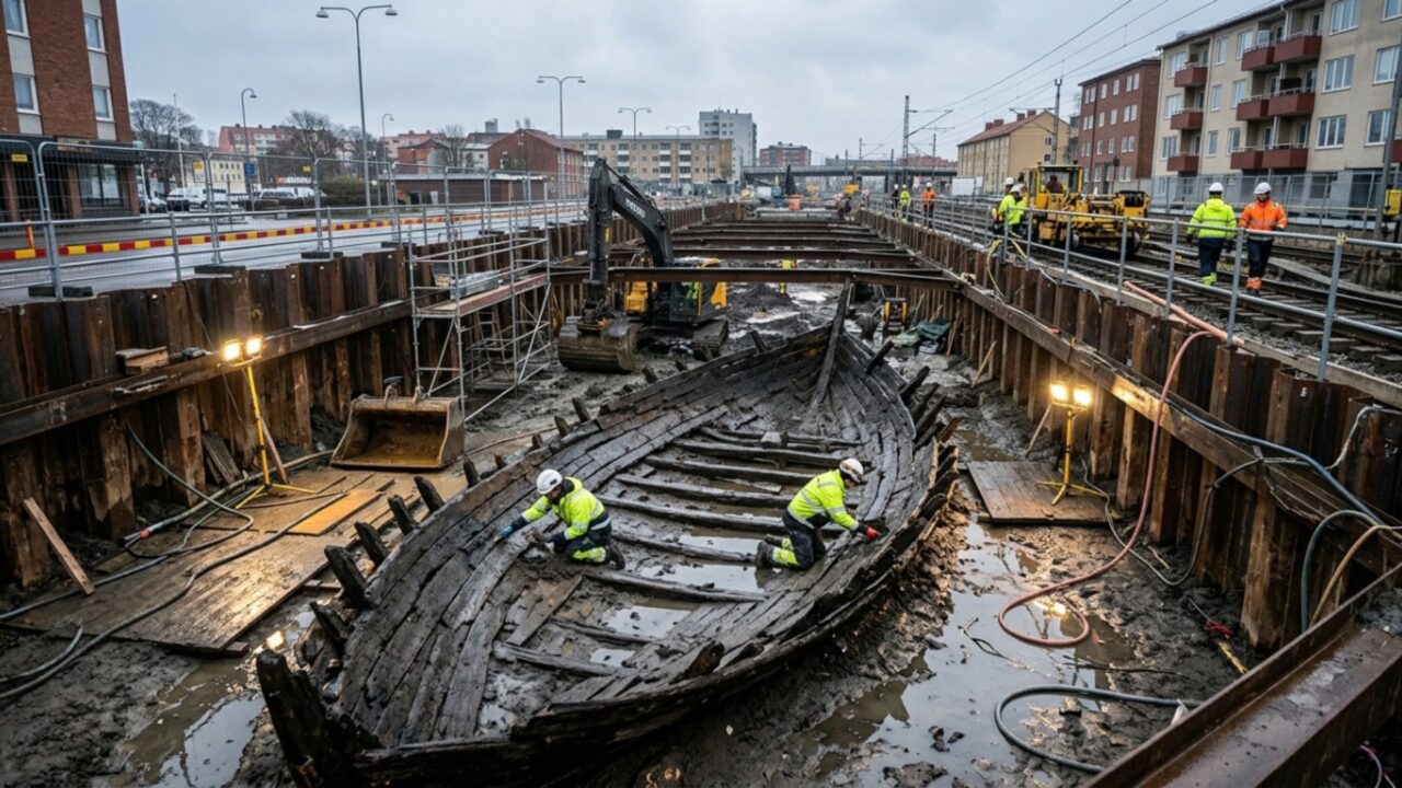 Obra de túnel na Suécia encontra seis navios enterrados onde antes existia o mar e revela uma cidade medieval escondida sob o asfalto